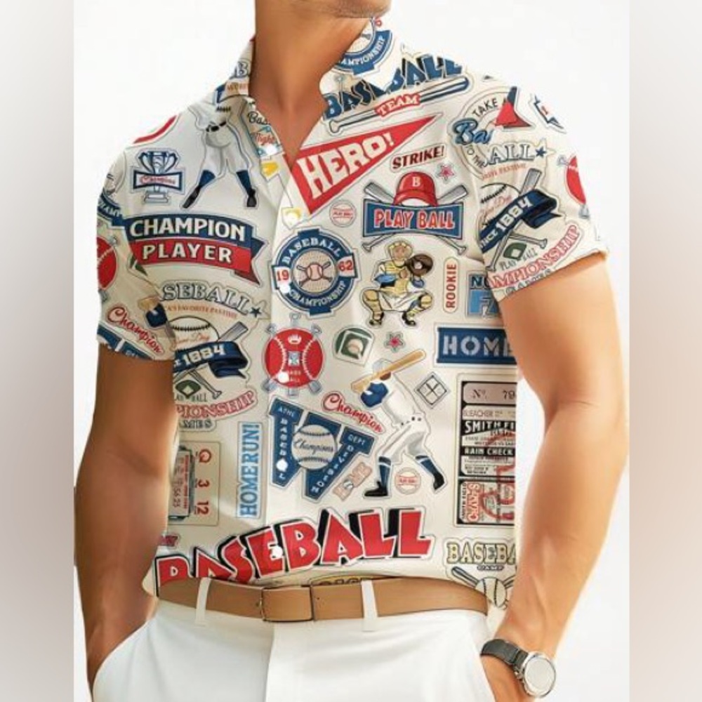 Baseball Shirt Short Sleeve Button Down Men’s Size Medium Champion Play Ball
